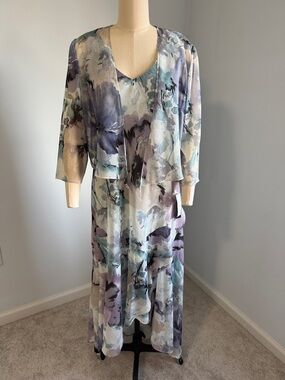 R&M Richards Floral Blue Lavender Chiffon Dress with Jacket SZ6